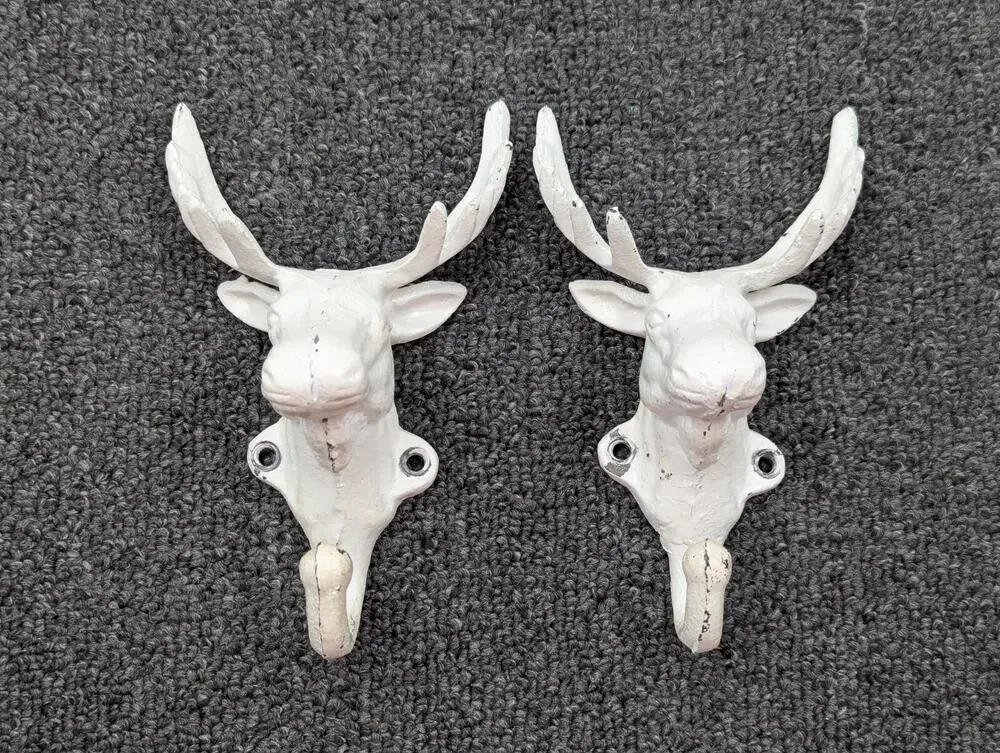 Cast Iron Set of 2 White Deer Moose Elk Antler Wall Coat Hooks 7